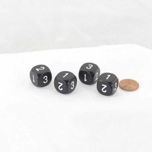 WCXXQ0308E4 Black Opaque Dice White Numbers D3 (D6 1-3 Twice) 16mm Pack of 4 Main Image