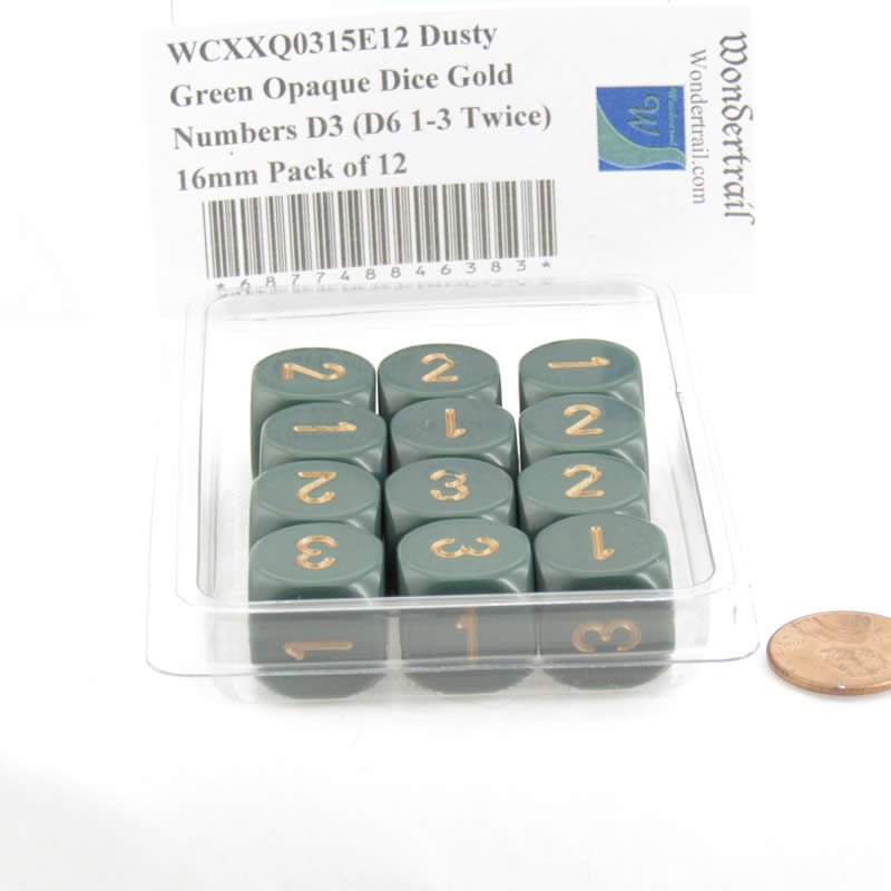 WCXXQ0315E12 Dusty Green Opaque Dice Gold Numbers D3 (D6 1-3 Twice) 16mm Pack of 12 2nd Image