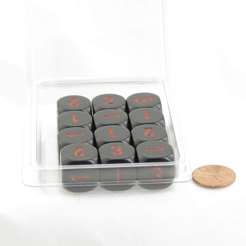 WCXXQ0318E12 Black Opaque Dice Red Numbers D3 (d6 1-3 Twice) 16mm Pack of 12 Main Image
