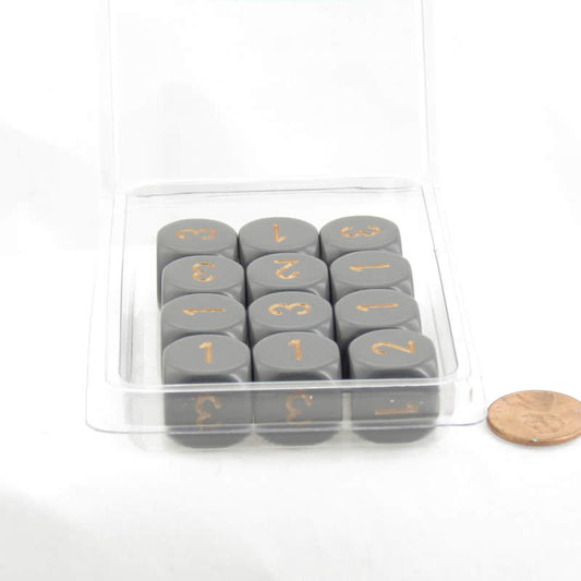 WCXXQ0320E12 Dark Grey Opaque Dice Gold Numbers D3 (D6 1-3 Twice) 16mm Pack of 12 Main Image