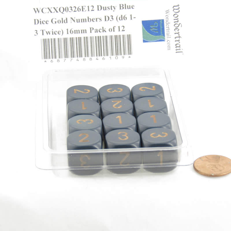 WCXXQ0326E12 Dusty Blue Dice Gold Numbers D3 (d6 1-3 Twice) 16mm Pack of 12 2nd Image