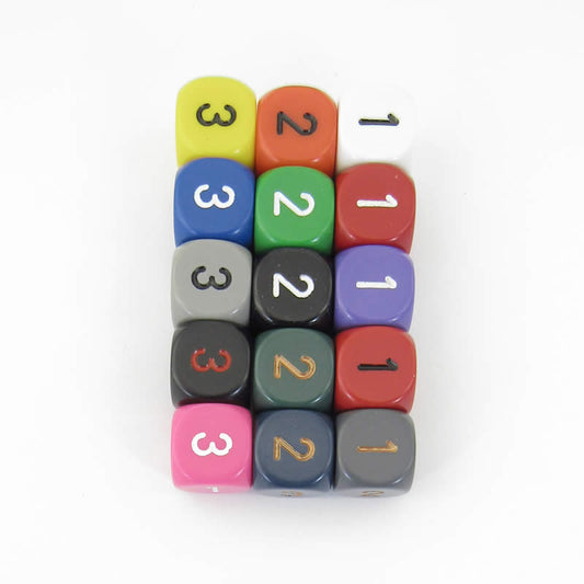 WCXXQ0399E15 Assorted Opaque Dice Numbers D3 (d6 1-3 Twice) 16mm Pack of 15 Main Image