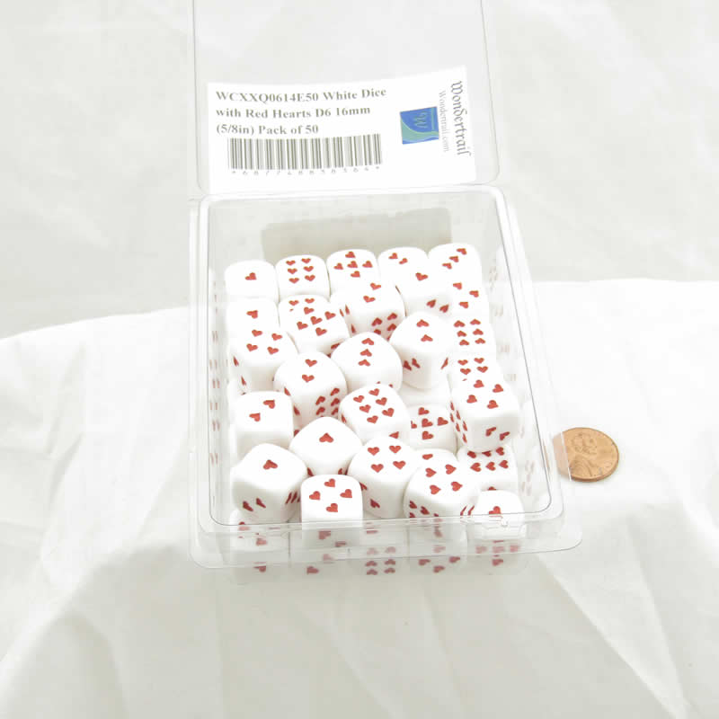 WCXXQ0614E50 White Dice with Red Hearts D6 16mm (5/8in) Pack of 50 2nd Image