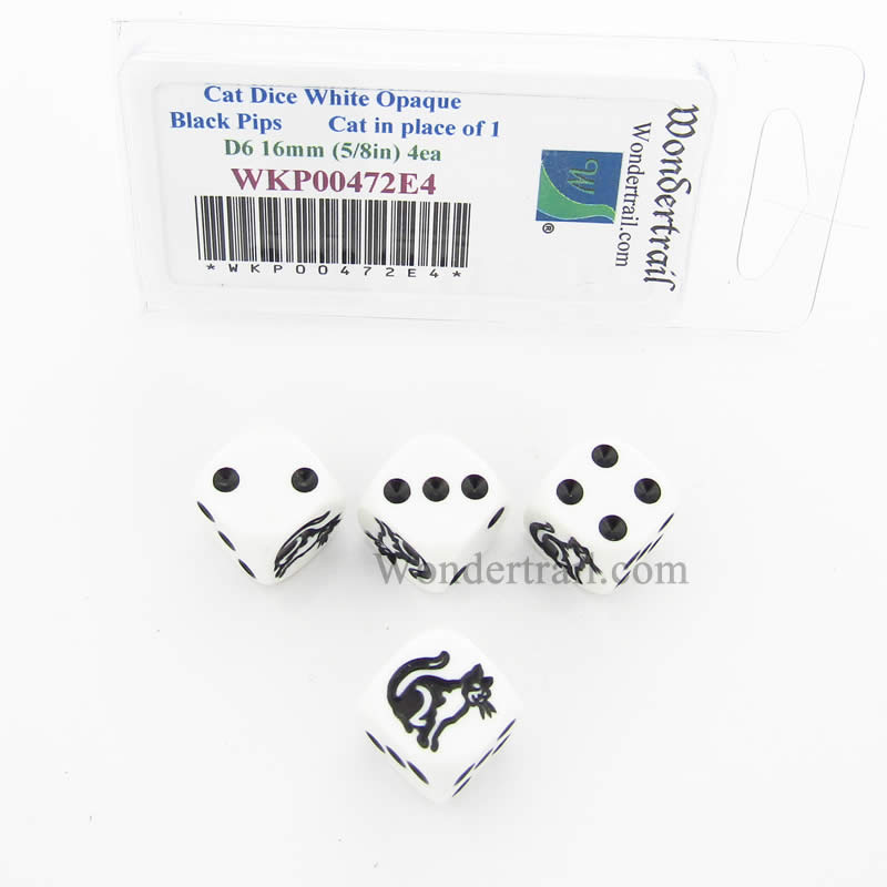 WKP00472E4 Cat Dice D6 White Opaque Black Pips 16mm Set of 4 Main Image