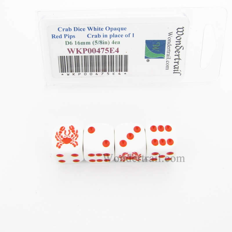 WKP00475E4 Crab Dice D6 White Opaque Red Pips 16mm Set of 4 2nd Image
