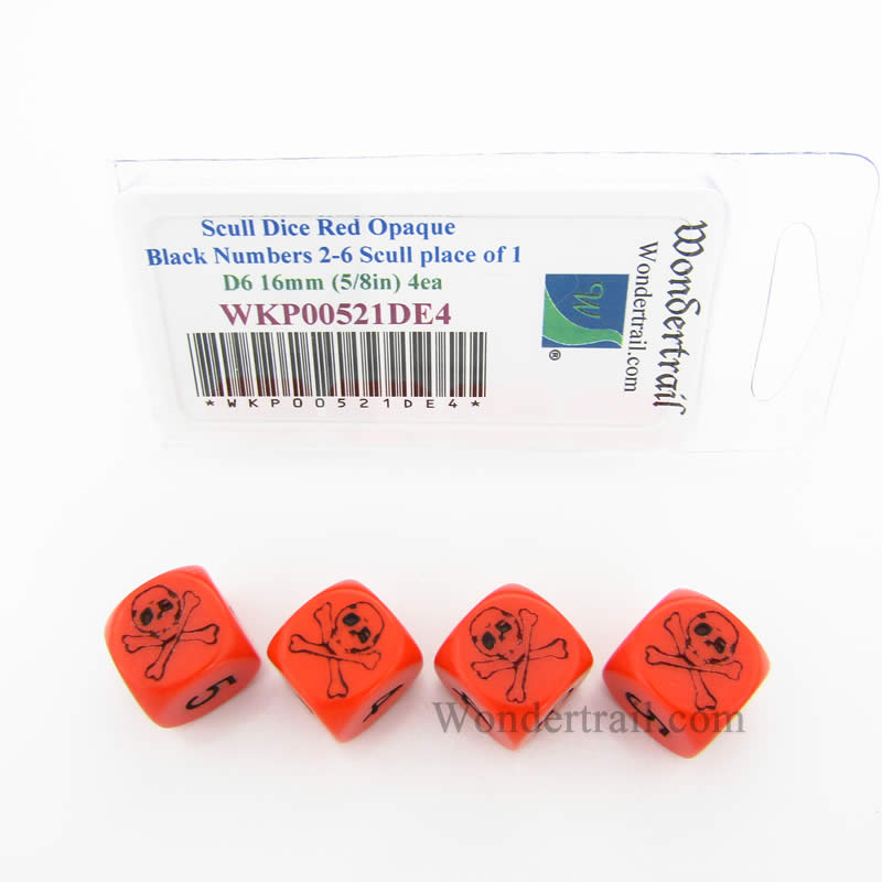 WKP00521DE4 Skull Dice Red Opaque Black Numbers D6 16mm Set of 4 Main Image