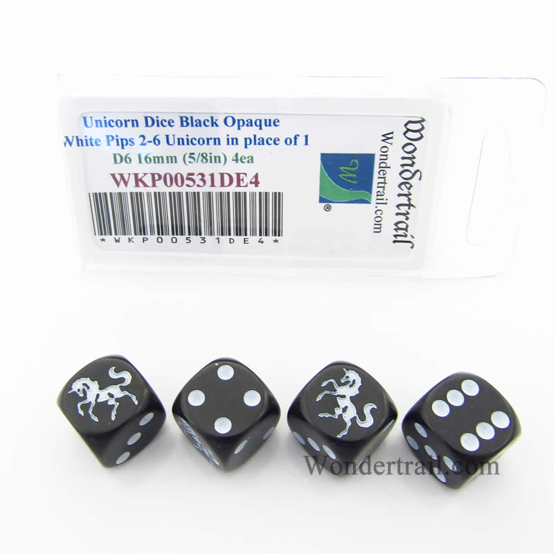 WKP00531DE4 Unicorn Dice Black Opaque White Pips D6 16mm Set of 4 Main Image