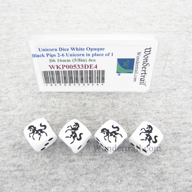 WKP00533DE4 Unicorn Dice White Opaque Black Pips D6 16mm Set of 4 Main Image