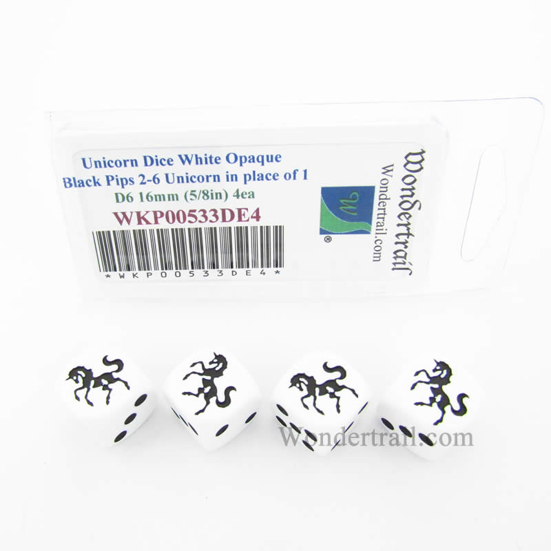 WKP00533DE4 Unicorn Dice White Opaque Black Pips D6 16mm Set of 4 2nd Image