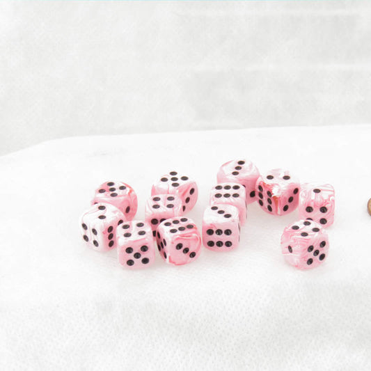 WKP00767E12 Pink Swirl Deluxe Dice with Black Pips D6 12mm (1/2in) Pack of 12