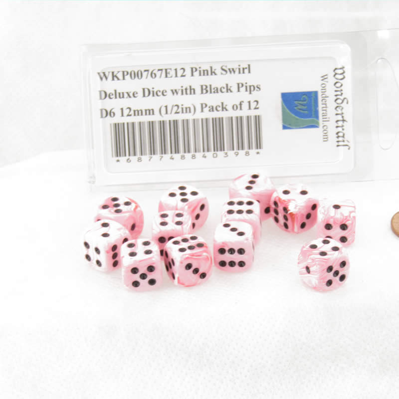 WKP00767E12 Pink Swirl Deluxe Dice with Black Pips D6 12mm (1/2in) Pack of 12