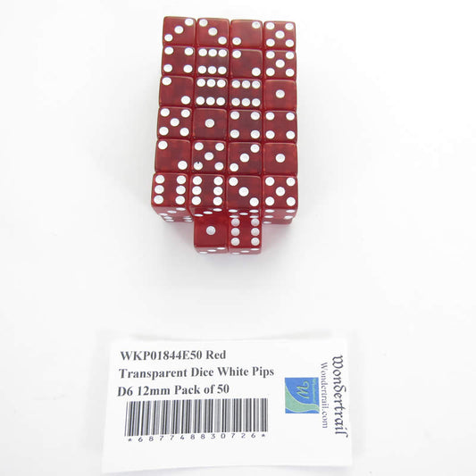 WKP01844E50 Red Transparent Dice White Pips D6 12mm Pack of 50 Main Image