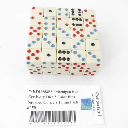 WKP01952E50 Michigan Red Eye Ivory Dice 3 Color Pips Squared Corners 16mm Pack of 50 Main Image