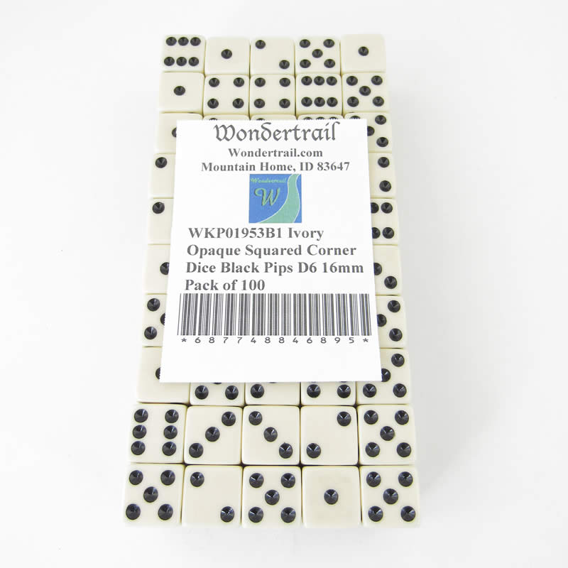 WKP01953B1 Ivory Opaque Squared Corner Dice Black Pips D6 16mm Pack of 100 2nd Image