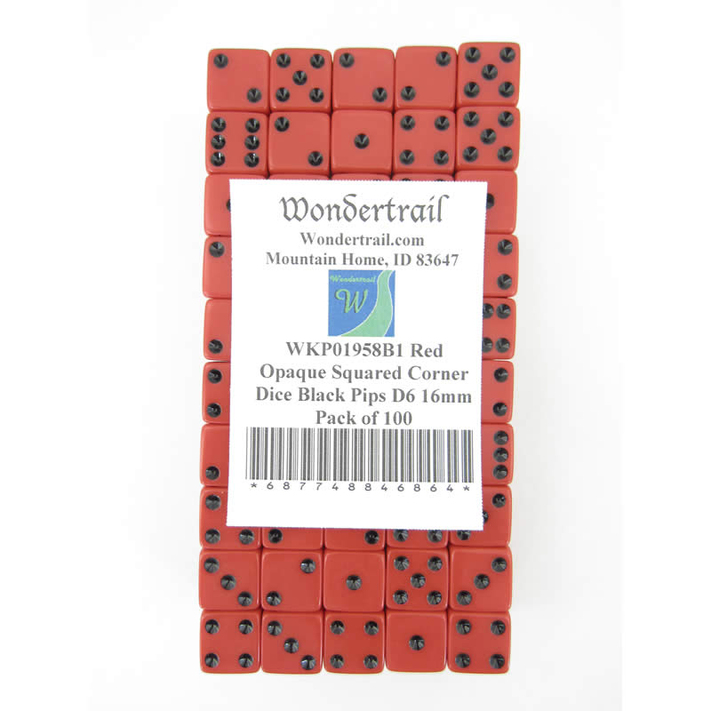 WKP01958B1 Red Opaque Squared Corner Dice Black Pips D6 16mm Pack of 100 2nd Image