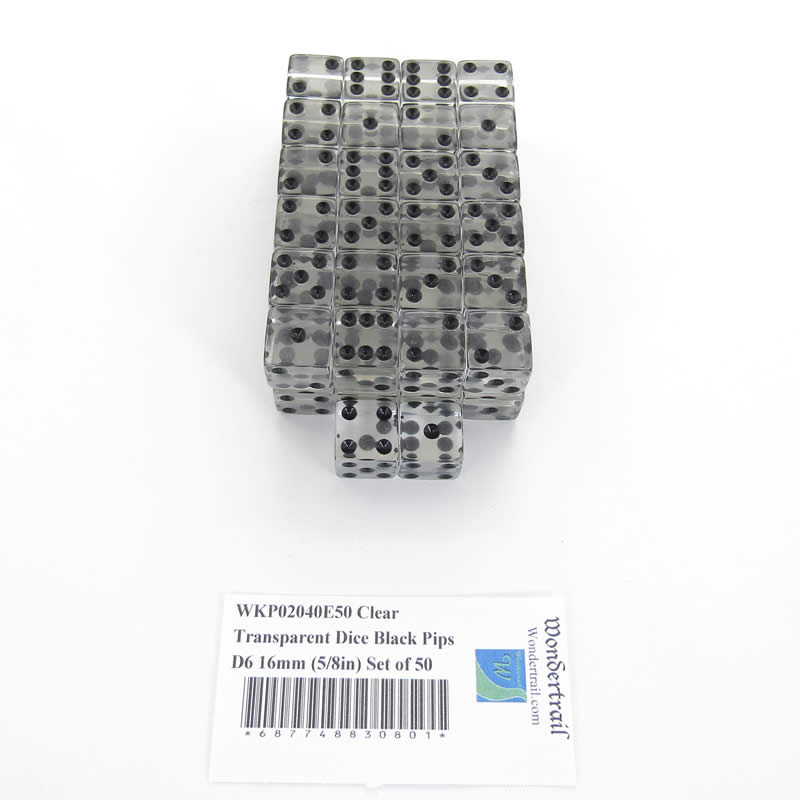WKP02040E50 Clear Transparent Dice Black Pips D6 16mm (5/8in) Set of 50 Main Image