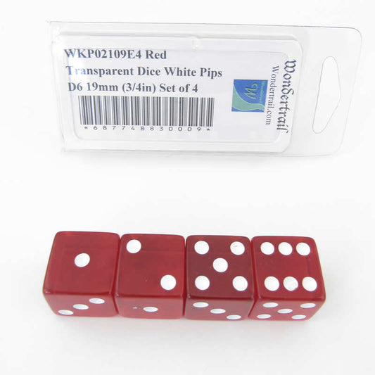 WKP02109E4 Red Transparent Dice White Pips D6 19mm (3/4in) Set of 4 Main Image