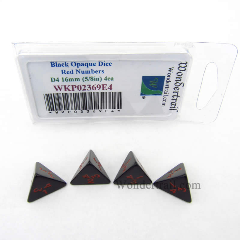 WKP02369E4 Black Opaque Dice Red Numbers D4 16mm (5/8in) Pack of 4 Main Image