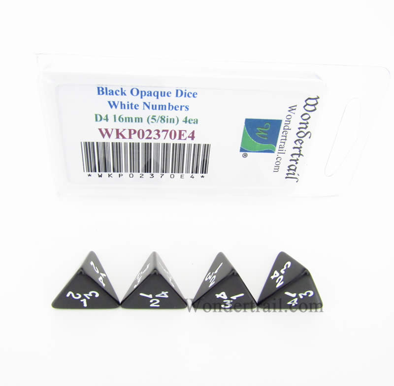 WKP02370E4 Black Opaque Dice White Numbers D4 16mm (5/8in) Pack of 4 Main Image
