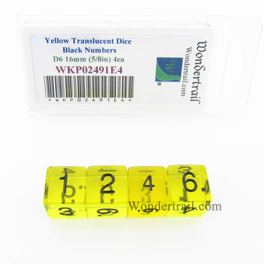 WKP02491E4 Yellow Transparent Dice Black Numbers D6 16mm Pack of 4 Main Image