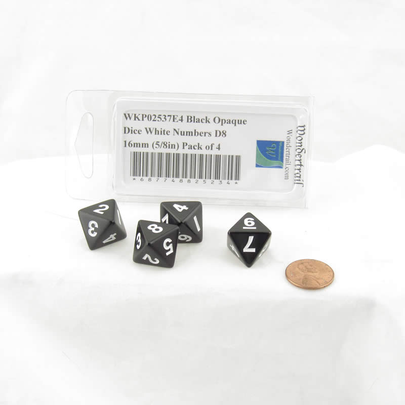 WKP02537E4 Black Opaque Dice White Numbers D8 16mm (5/8in) Pack of 4 2nd Image