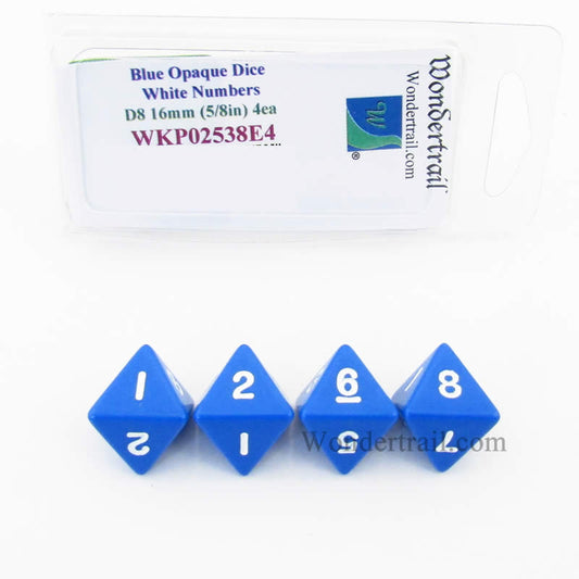 WKP02538E4 Blue Opaque Dice White Numbers D8 16mm (5/8in) Pack of 4 Main Image