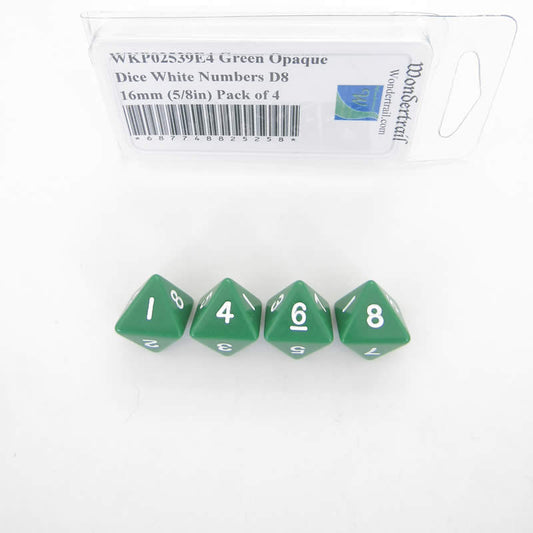 WKP02539E4 Green Opaque Dice White Numbers D8 16mm (5/8in) Pack of 4 Main Image