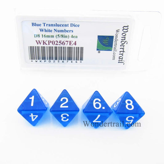 WKP02567E4 Blue Transparent Dice White Numbers D8 16mm Pack of 4 Main Image