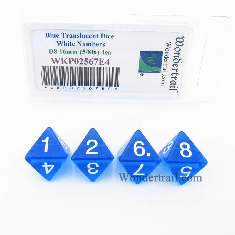 WKP02567E4 Blue Transparent Dice White Numbers D8 16mm Pack of 4 Main Image