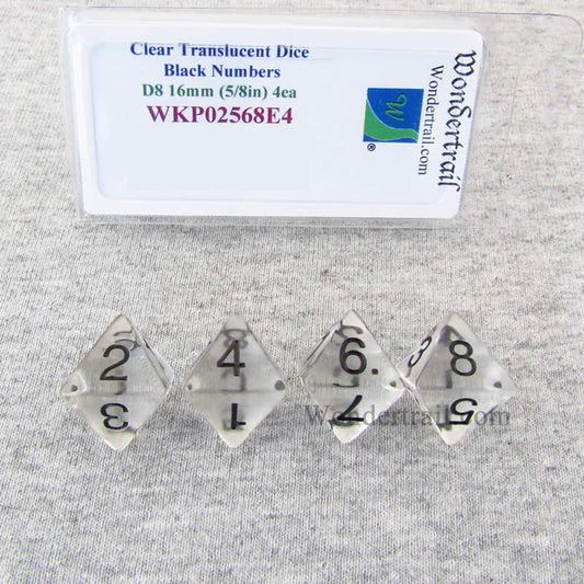 WKP02568E4 Clear Transparent Dice Black Numbers D8 16mm Pack of 4 Main Image