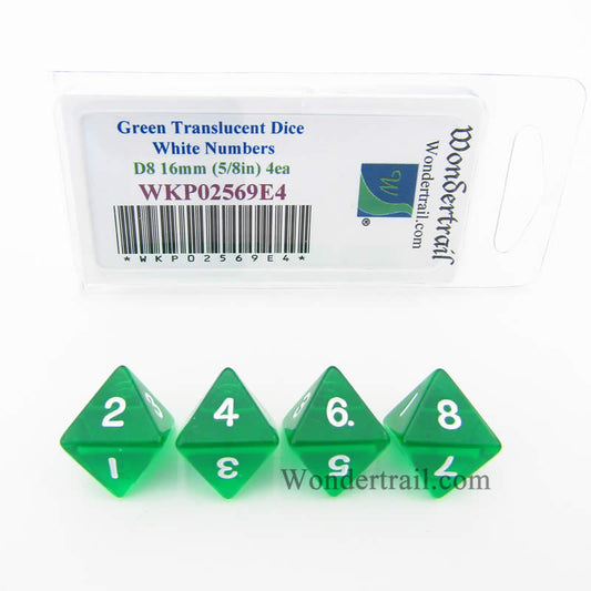 WKP02569E4 Green Transparent Dice White Numbers D8 16mm Pack of 4 Main Image