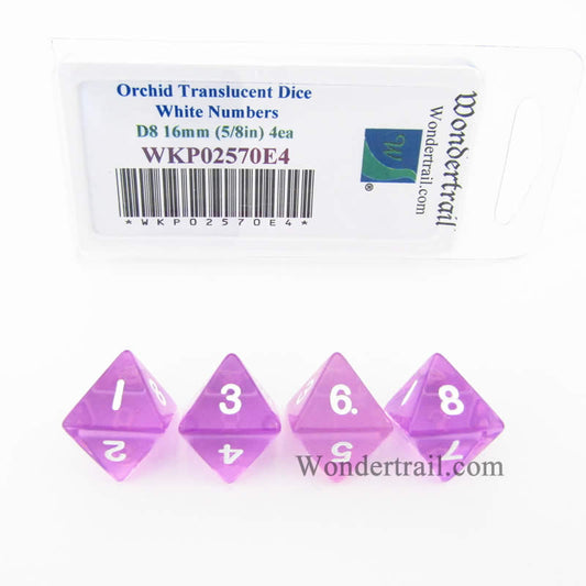 WKP02570E4 Orchid Transparent Dice White Numbers D8 16mm Pack of 4 Main Image