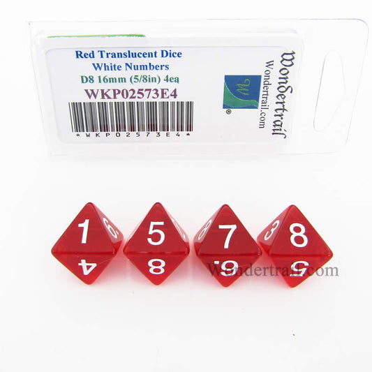 WKP02573E4 Red Transparent Dice White Numbers D8 16mm Pack of 4 Main Image