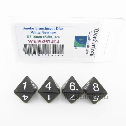 WKP02574E4 Smoke Transparent Dice White Numbers D8 16mm Pack of 4 Main Image