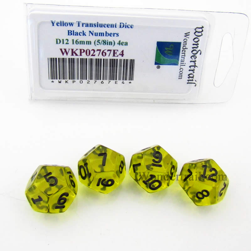 WKP02767E4 Yellow Transparent Dice Black Numbers D12 16mm Pack of 4 Main Image