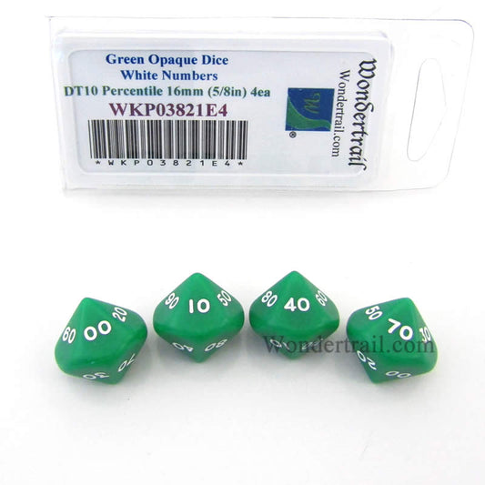 WKP03821E4 Green Opaque Dice White Numbers DT10 16mm Pack of 4 Main Image