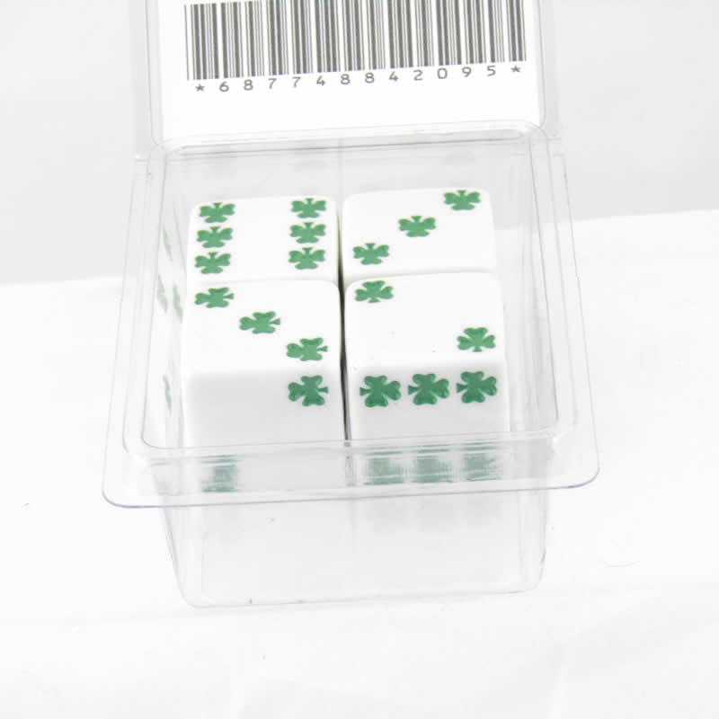 WKP03938E4 White Lucky Dice with Green Clovers D6 25mm (1in) Pack of 4 2nd Image