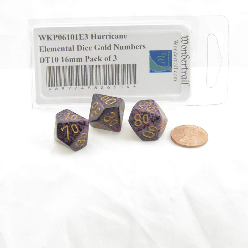 WKP06101E3 Hurricane Elemental Dice Gold Numbers DT10 16mm Pack of 3 2nd Image
