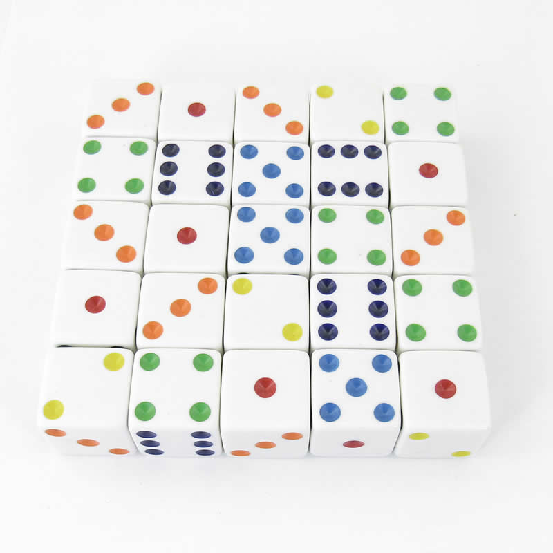 WKP06233E25 White Opaque Squared Corner Dice Multi-Color Pips D6 25mm Pack of 25 Main Image