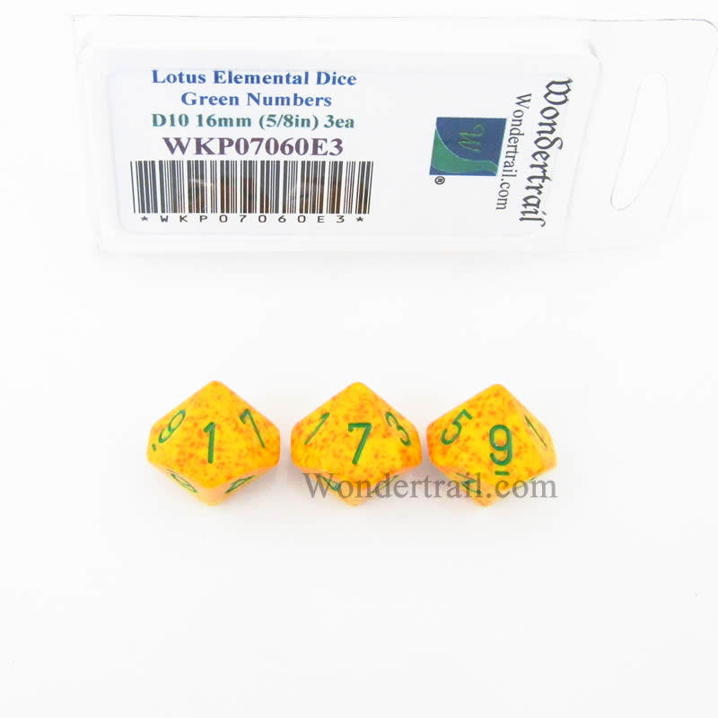 WKP07060E3 Lotus Elemental Dice Green Numbers D10 16mm (5/8in) Pack of 3 Main Image