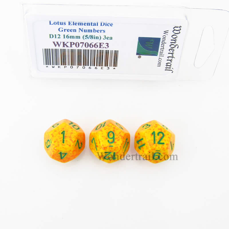 WKP07066E3 Lotus Elemental Dice Green Numbers D12 16mm (5/8in) Pack of 3 Main Image