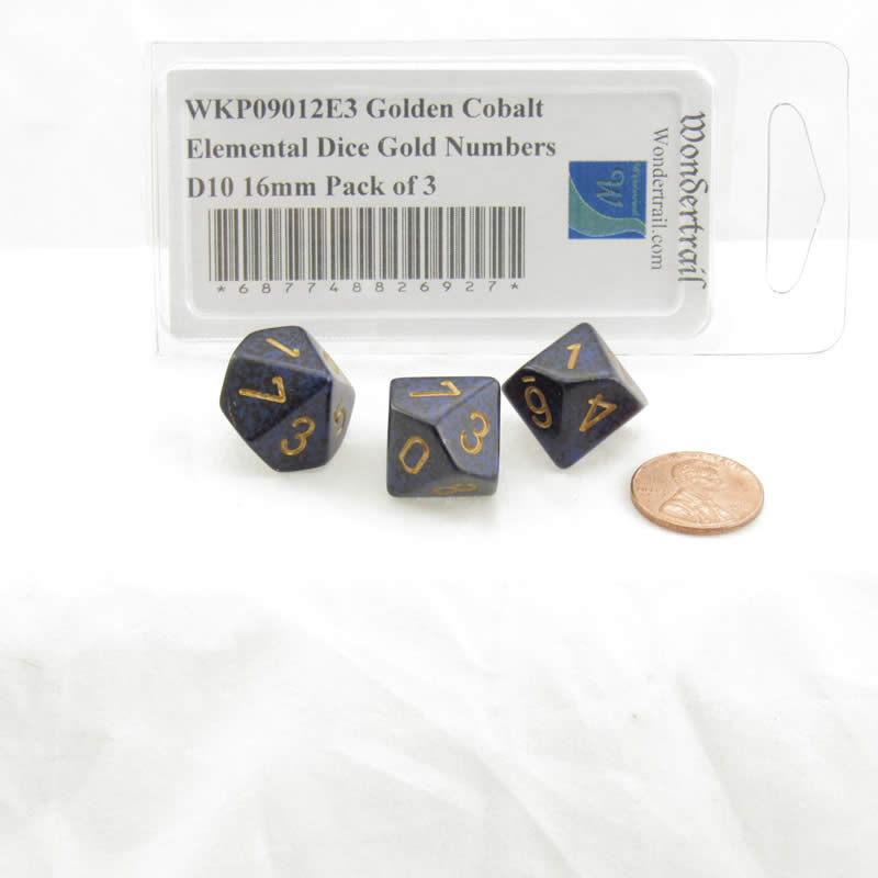 WKP09012E3 Golden Cobalt Elemental Dice Gold Numbers D10 16mm Pack of 3 2nd Image