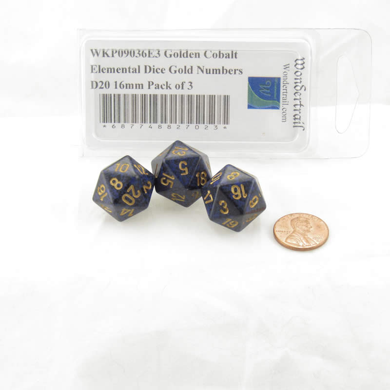 WKP09036E3 Golden Cobalt Elemental Dice Gold Numbers D20 16mm Pack of 3 2nd Image