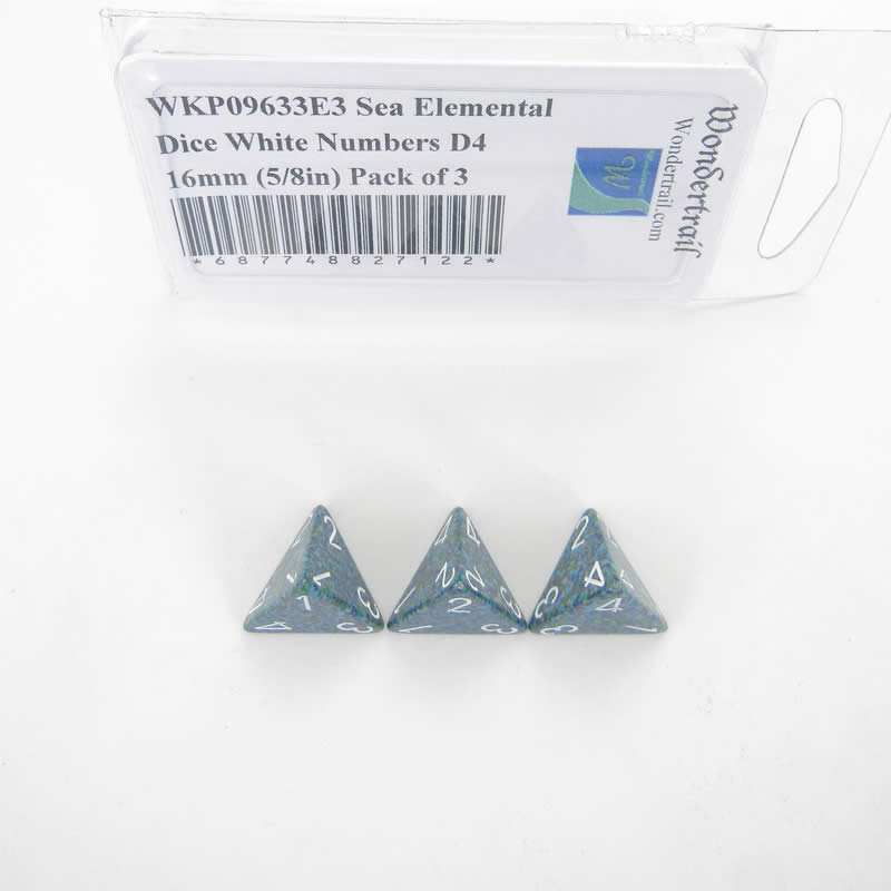 WKP09633E3 Sea Elemental Dice White Numbers D4 16mm (5/8in) Pack of 3 Main Image