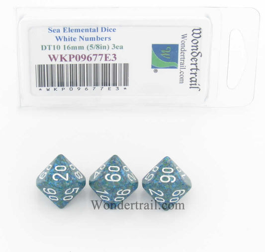 WKP09677E3 Sea Elemental Dice White Numbers DT10 16mm Pack of 3 Main Image