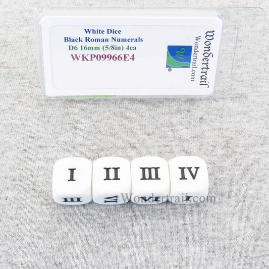 WKP09966E4 White Dice Black Roman Numeral D6 16mm (5/8in) Pack of 4 Main Image