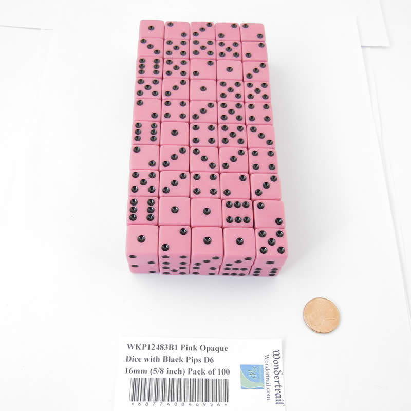 WKP12483B1 Pink Opaque Dice with Black Pips D6 16mm (5/8 inch) Pack of 100 Main Image