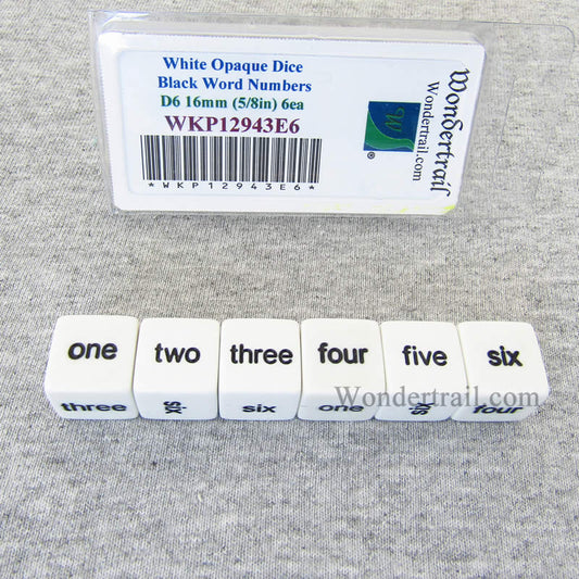 WKP12943E6 White Opaque Dice Black Word Numbers D6 16mm Set of 6 Main Image