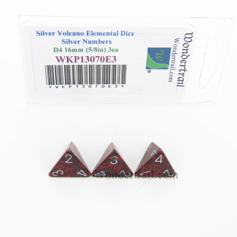 WKP13070E3 Silver Volcano Elemental Dice Silver Numbers D4 16mm Pack of 3 Main Image