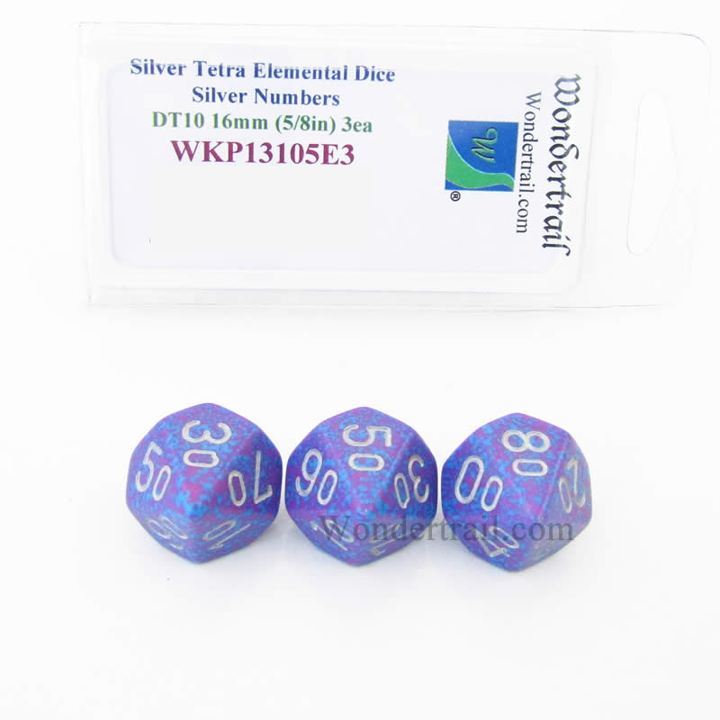WKP13105E3 Silver Tetra Elemental Dice Silver Numbers 16mm DT10 Pack of 3 Main Image